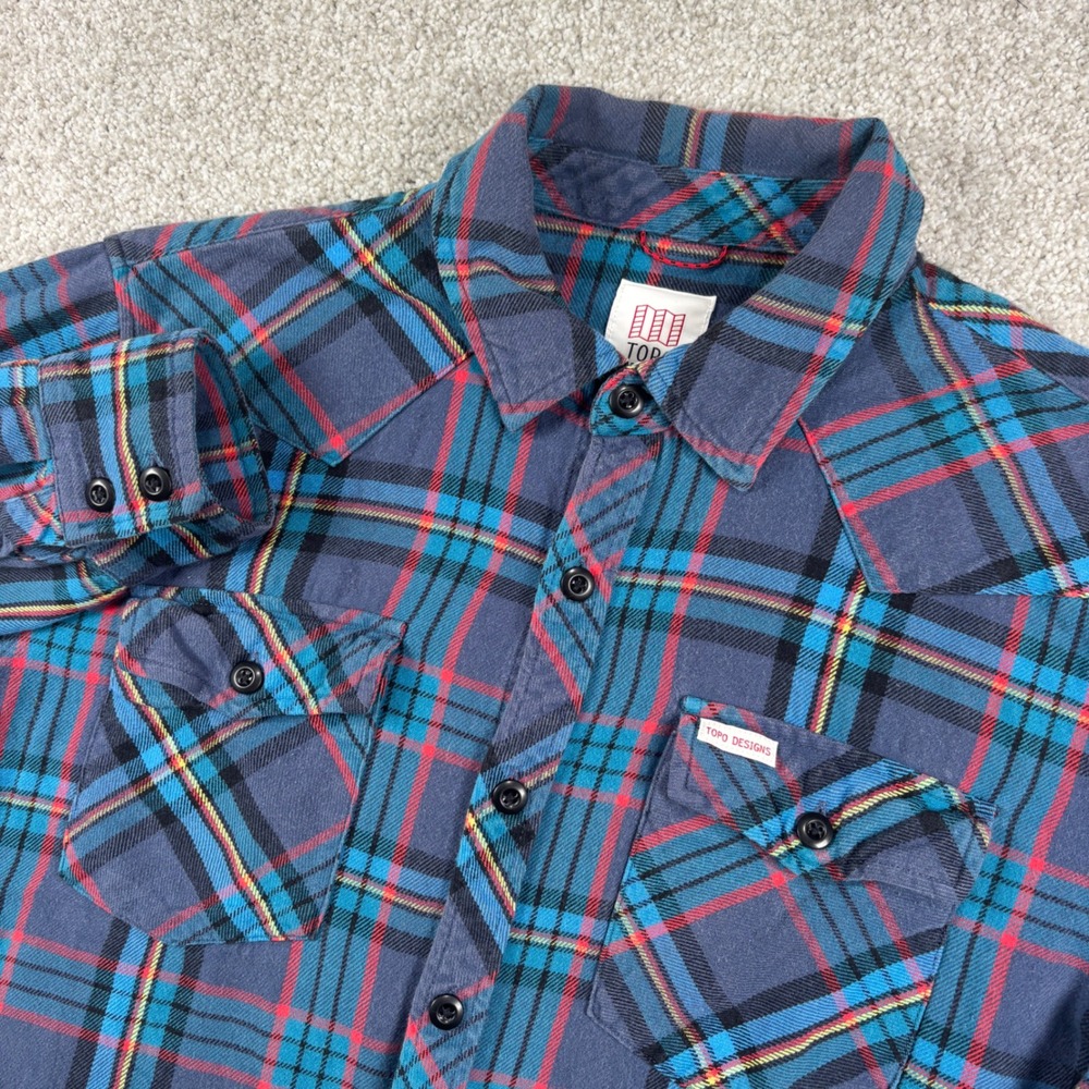 Topo Designs Flannel Shirt Men L Blue Plaid Western Yoke Long Sleeve Button Up
